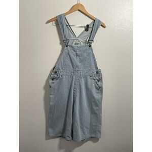 Vintage Nada Nuff Overalls Shorts M Blue White Stripe Denim 90s Y2K